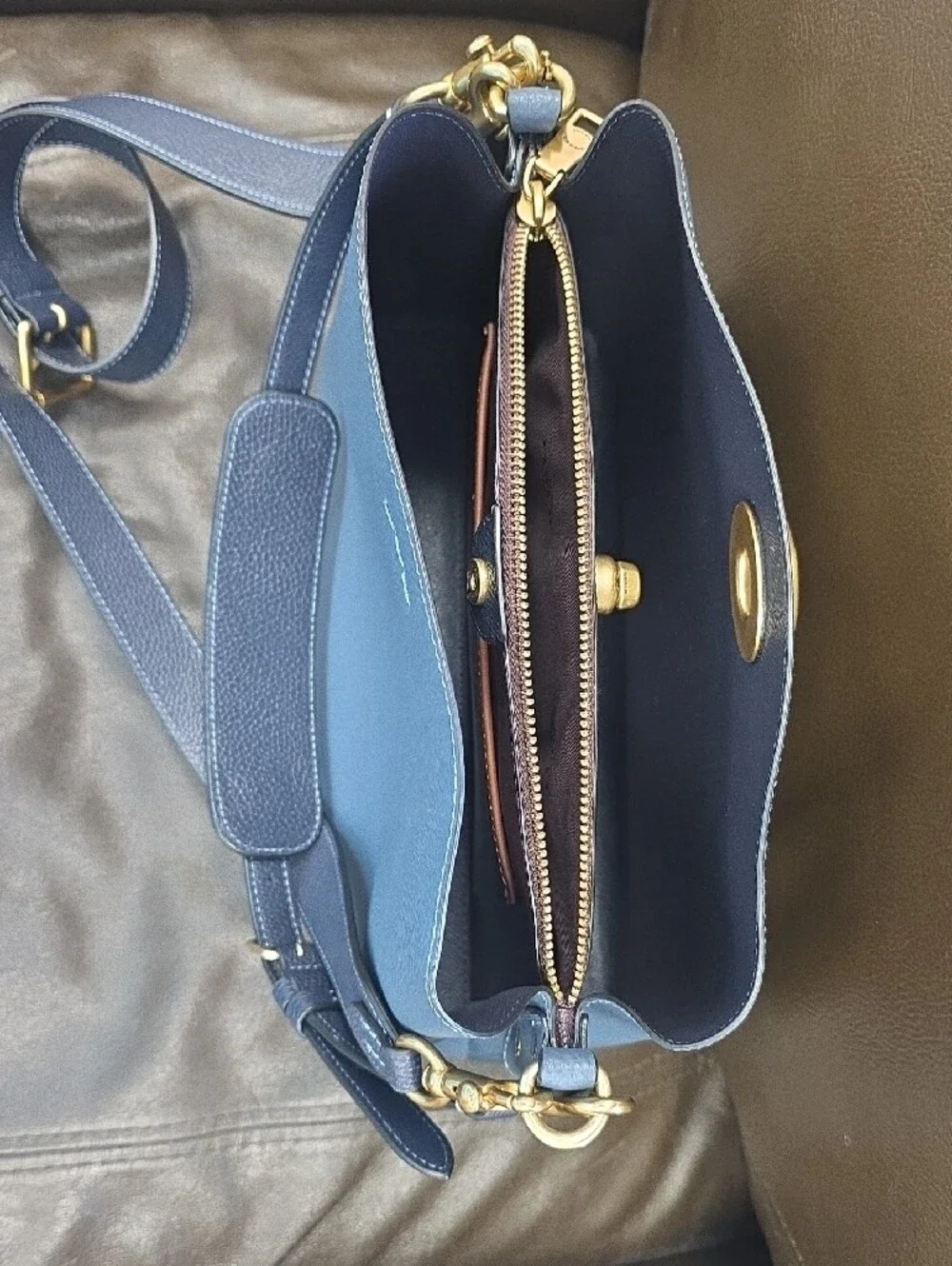 Coach Blue Pebbled Leather Shoulder Bag with Gold Hardware